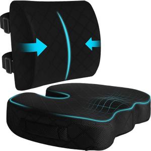 TushGuard Back&Seat Cushion, Car Seat Office Chair Cushions, Breathable Memory Foam Lumbar Back Support Pillow, Portable Airplane Seat Cushion for Travel, Computer Desk, Wheelchair, Driving (Black) (Large)