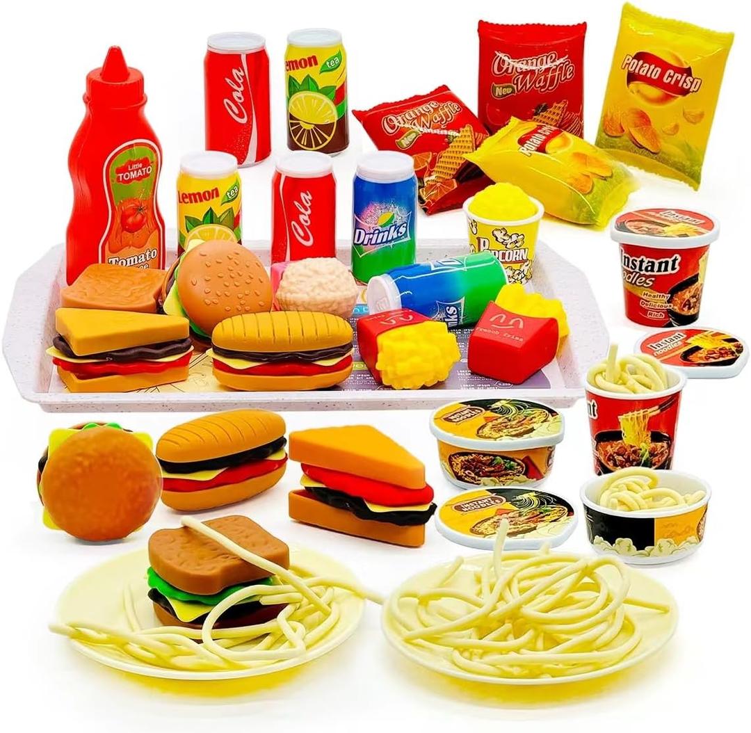 Pretend Play Kitchen Mini Foods Set for Kids Hamburger Fries Noodles Drink with Tray Playset,Play House Kitchen Accessories Role Toys Birthday Gifts for Boys Girls 3 4 5 Yrs (31Pcs Hamburger Chips)