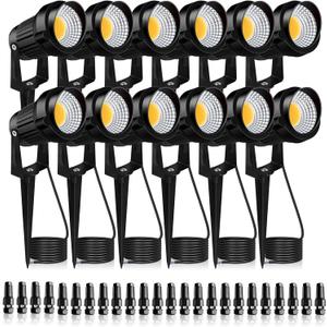7W LED Landscape Lights Low Voltage, 3000K Warm White 12V AC/DC Waterproof Outdoor Spotlights, IP65 Garden Pathway Lights with 12 Spike Stands for Tree Garden Yard Pathway (12 Pack)