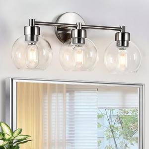 3 Light Bathroom Vanity Light, Brushed Nickel Bathroom Light Fixture with Clear Glass Shade and Metal Base, Vanity Lights for Bathroom, Stairs, Kitchen