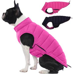 Lelepet Reversible Dog Coat Waterproof Dog Jacket Windproof Puffer Vest for Winter Warm Lightweight Coats for Small Dogs Adjustbale Hook & Loop Pet Apparel with Leash Hole, Pug, Rose Red, Medium