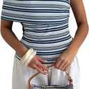 GORGLITTER Women's Striped Off The Shoulder Tops Asymmetrical Neck Sexy Going Out Top (M)