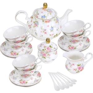 fanquare 21 Pieces Pink Blue Floral Porcelain Tea Set with Gold Trim, British Style Coffee Set for Adults, Vintage Romantic Gift Tea Sets for Wedding, Birthday, Women Tea Party
