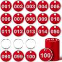Tandefio 1-100 Numbered Key Tags Round ID Aluminum Alloy Metal Number Tags Marking Hang Luggage Labels with Rings for Dormitory Key Chain Box Cabinet Lockers(Red)