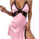 LYANER Women's Satin Lace V Neck Chemise Lingerie Split Slit Babydoll Nightgown Nightdress Sleepwear Solid Pink Small
