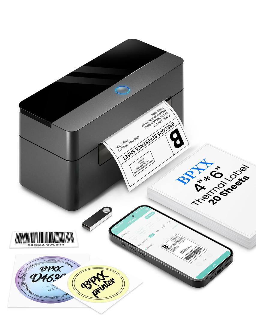 BPXX Bluetooth Thermal Label Printer,4x6 Shipping Label Printer for Small Business,with 203 DPI HD Resolution,Easy to Use,Compatible with iOS,Android,Windows,Mac,,Ebay,Shopify,USPS,Etsy,Black