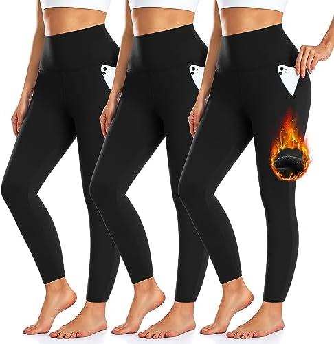 3 Pack Fleece Lined Leggings Women with Pockets -Warm Winter Yoga Pants for Women Thermal Running Workout Leggings L