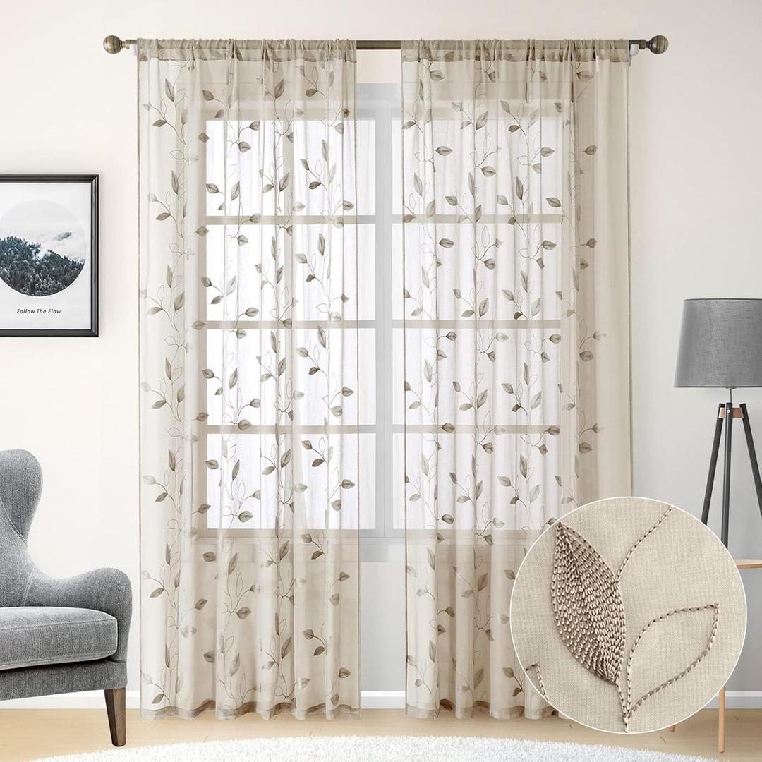 HOMEIDEAS Taupe Sheer Curtains 52 X 96 Inches Long 2 Panels Beige Embroidered Leaf Pattern Pocket Faux Linen Floral Semi Sheer Voile Window Curtains/Drapes for Bedroom Living Room