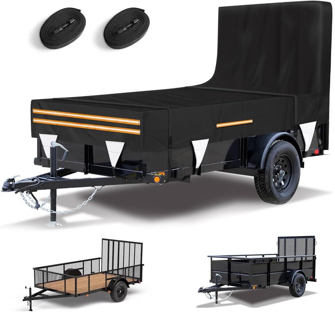 5 x 10 Windproof Utility Trailer Cover, 600D Waterproof Heavy Duty Cover with Rear Landscape/Tailgate Ramp with Windproof Ropes Fits 5 x 10 FT Trailers (Fits 5'W x 10'L Dump Utility Trailer)