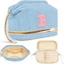 Initial Travel Makeup Bag for Women, Personalized Gift Large Double Layer Make Up Gift Cute Cosmetic Bag, Makeup Pouch Wide-open Roomy Makeup Travel Bags Birthday Thanksgiving Gifts for Her Blue -B