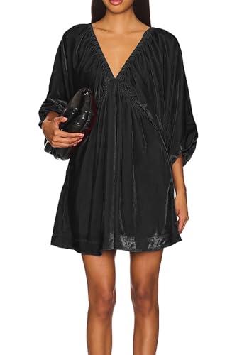R.Vivimos Womens Fall Velvet Tunic Dress 2026 Trendy Sexy Deep V Neck 3/4 Sleeve Elastic Waist Loose Mini Dress with Pockets (Medium, Black)