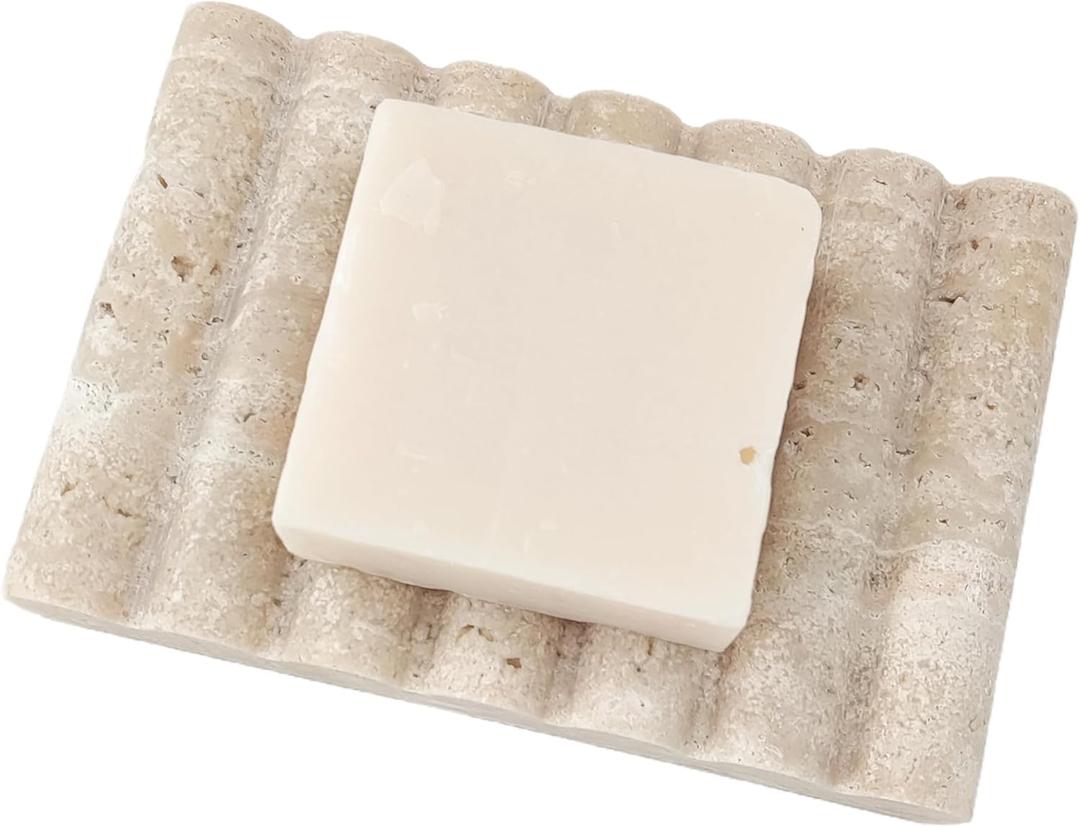 Travertine Soap Dish, Marble Self Draining Soap Holder, Sponge Holder for Bathroom, Sink, Kitchen, Jewelry Ring Dish (Beige)