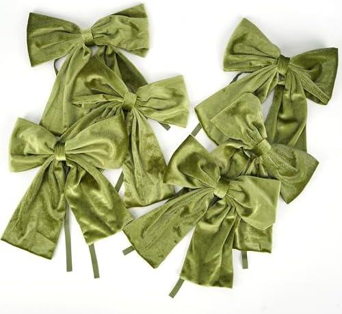 Drievana Moss Green Velvet Bows Christmas Tree Ornaments 8.5 inch Pre-Tied Olive Green Velvet Ribbon Bows for Christmas Tree, Gift Wrapping, Wreath, Garland, Crafts, Holiday Decor
