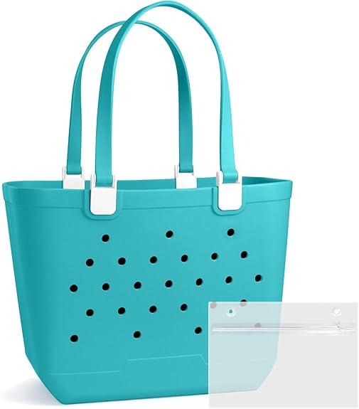 VIYAQIBEI Rubber Beach Bag, 18.9 "L x 9.4 "W x 13.8 "H Waterproof Beach Totes with Zipper Pocket, Durable Open Travel Handbag, Bondi Blue, Large