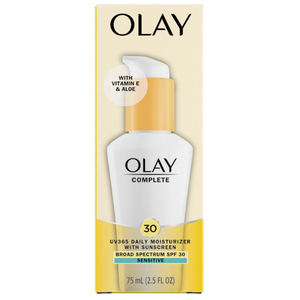 Olay Face Moisturizer, Complete with Sunscreen SPF 30, Fragrance-Free for Sensistive Skin, Broad Spectrum Sun Protection, Long-Lasting Hydration, Non-Comedogenic - Vitamin E & Aloe - 2.5 Oz