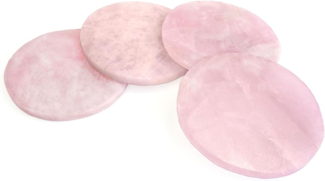 Pink Crystal Coaster Round 3-4" Set of 4 Rose Quartz Slices Cup Mat with Rubber Bumper for Drinks Coffee Home Decoration Gift Card
