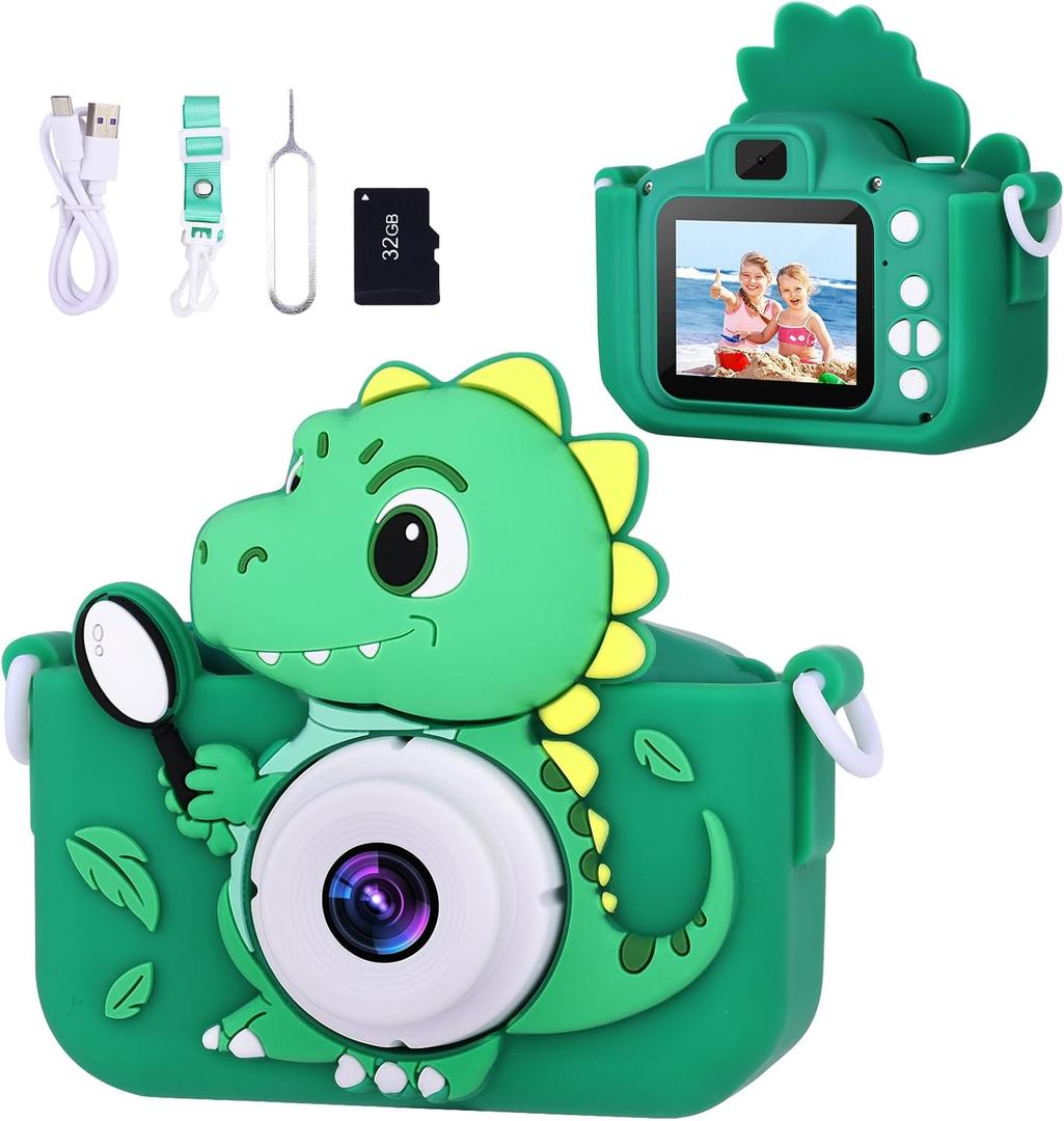 Dinosaur Toys Camera for Kids Boys Age 3-8, Toddler Kids Digital Camera Christmas Birthday Gifts for 3 4 5 6 7 8 Years Old Boy, Cute Selfie Video Camera, HD 1080P, 32GB SD Card Included (Green)