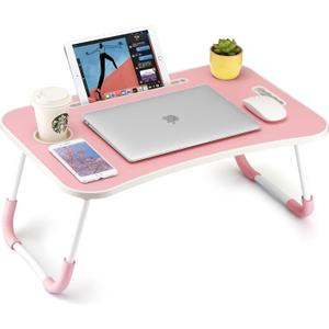 FISYOD Foldable Laptop Table, Portable Lap Desk Bed Table Tray, Laptop Stand with Cup Holder & Tablet Slot & Lifting Handle for Working Writing Drawing & Eating (Light Pink)