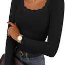 IWD Womens Long Sleeve Tops Casual Slim Fit T-Shirt Lace Crew Neck Ribbed Knit Shirts 2025 Fall Trendy Going Out Basic Tee (Medium, Black)