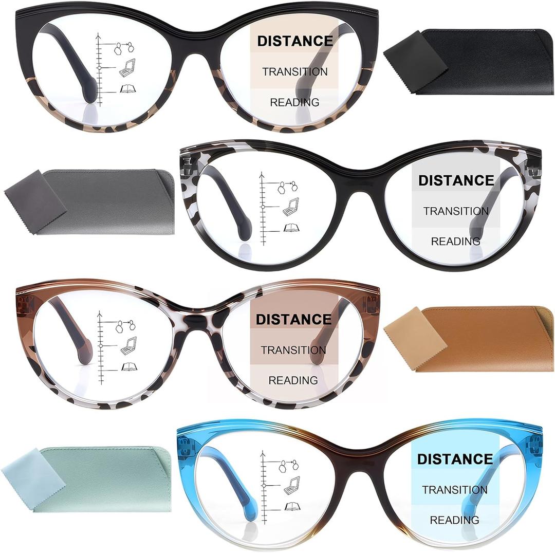 4 Pack Progressive Multifocus Reading Glasses, Anti Blue Light Cat Eye Computer Readers with Spring Hinge Eyeglasses (Multicolor)