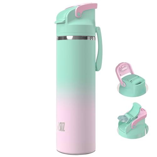 OISIZ Insulated Water Bottle 24 oz with 2 in 1 Spout and Straw Lid,One Click Safety Lock,100% Leakproof,Keep Cold 24H,Vacuum Stainless Steel Water Bottle for School,Travel and Sports,Dishwasher Safe