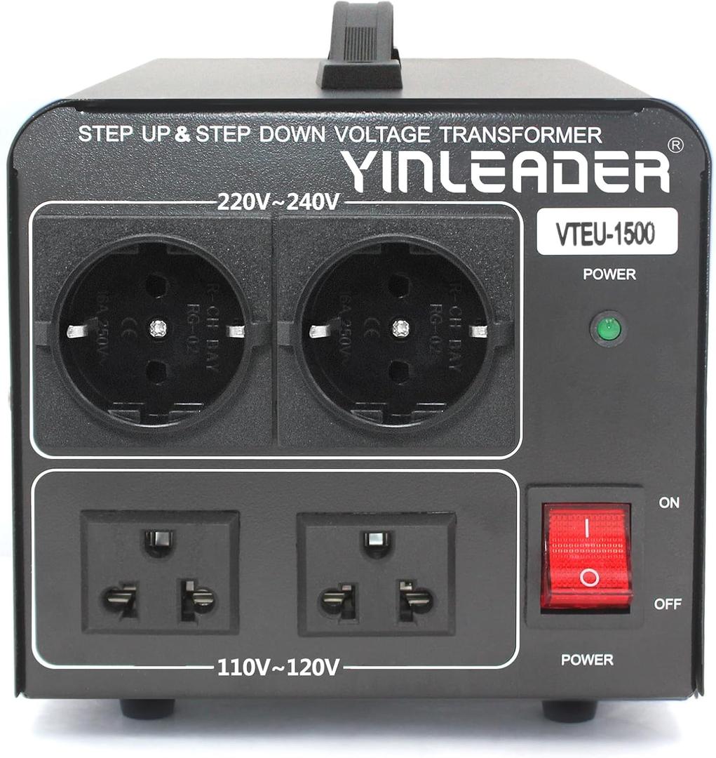 Yinleader 110V to 220/230V Voltage Converter Transformer Step Up/Down 120V to 240V with 2 US&2 EU Outlets 1500W