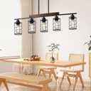 Kitchen Island Lighting, 5-Light Dining Room Light Fixture Over Table, Black Metal & Wood Linear Chandeliers with Cage Shade, Farmhouse Rustic Hanging Ceiling Pendant Light Fixtures for Kitchen