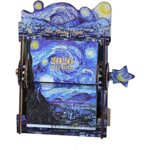 2026 calendar desk calendar Wooden Hand-Crank Monthly Flip Calendar - DIY Assembled Tabletop Art with Classic Oil Painting Masterpieces for Office Decor, Home, Gift