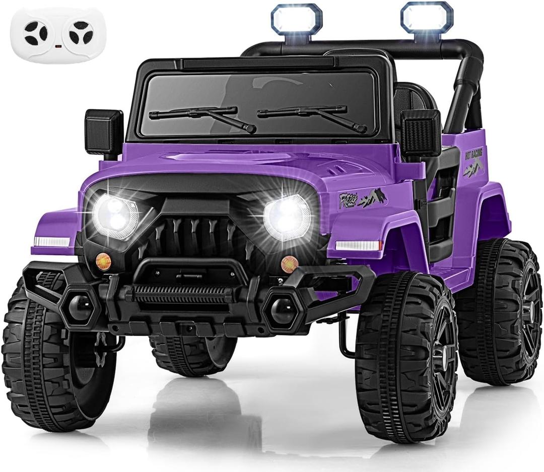 OLAKIDS Ride on Truck, 12V Battery Powered Electric Vehicle for Kids with Remote Control, Bluetooth, Power Display, LED Lights, Music Player, Ride on Toy for 3+ Boys Girls (Purple)