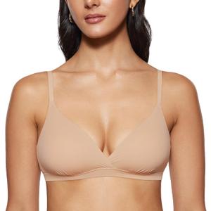INLYRIC Women's Inbarely Triangle Bralette Comfortable Unlined V Neck Wireless Smoothing Bra Top Stretch (Medium, Warm Beige)