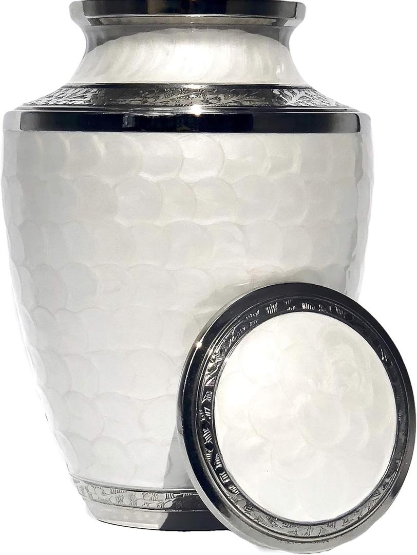 Eternal Harmony Large Urn for Ashes, Adult Male & Female Cremation Urn for Human Ashes with Elegant Finishes, Secure Seal & Velvet Bag, Funeral Vase for Men & Women Up to 200 lbs (White Pearl)