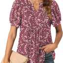 Anyally Womens Summer/Spring Dressy Casual Blouse Puff Short Sleeve Tunic Tops Pleated T-Shirts for Work (XX-Large, Pleated Plum Blossom)