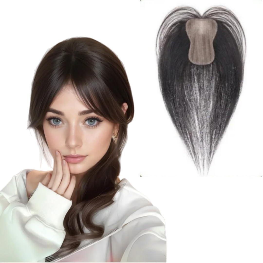 Anemone Human Hair Topper 16g No Clip Magic Paste Hairpiece 7x10cm Full Hook and Loop Skin Base Fringe Bangs for Front Thinning (1B Middle Bangs)