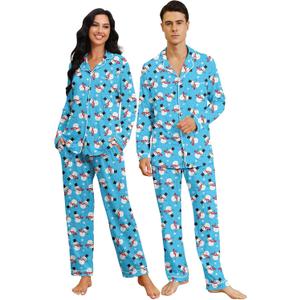 RAISEVERN Couples Christmas Matching Pajamas 2 Piece Women Men Xmas Pjs Soft Pajama Set Long Sleeve Loungewear Warm Sleepwear (Blue)