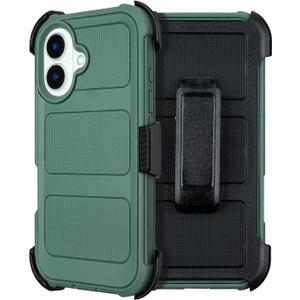 for Defender iPhone 16 Case with Belt Clip,Holster for 16 Phone Case with Kickstand,Rugged for Heavy Duty,2 Layers of Sturdy,Cover for iPhone16 Cases Protective Dark Green