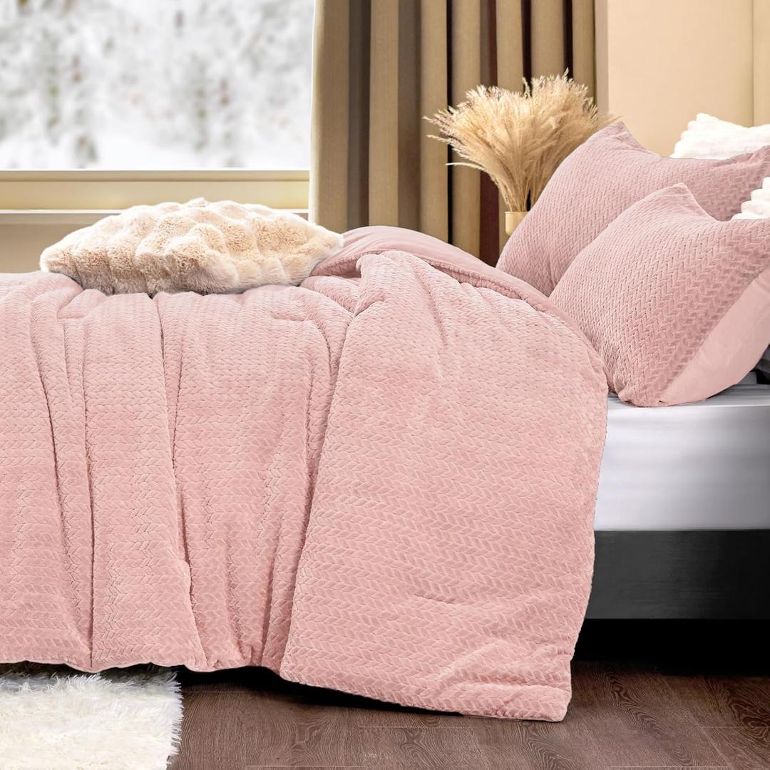 Flannel Fleece Comforter King Set - Furry Pink Leaves Pattern Faux Fur Bed Set, Winter Ultra Soft Fuzzy Comfort Set, Velvet Bedding Set for Bed with 2 Pillow Cases