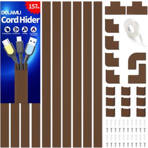 Wire Hider, 157in Delamu Cord Hider Wall, Paintable Wire Covers for Cords, TV Cable Hider Wall Kit, Cable Covers Raceway, Cable Management Hide TV Cords for Wall Mount TV, 10XL15.7 W0.95 H0.55in Brown