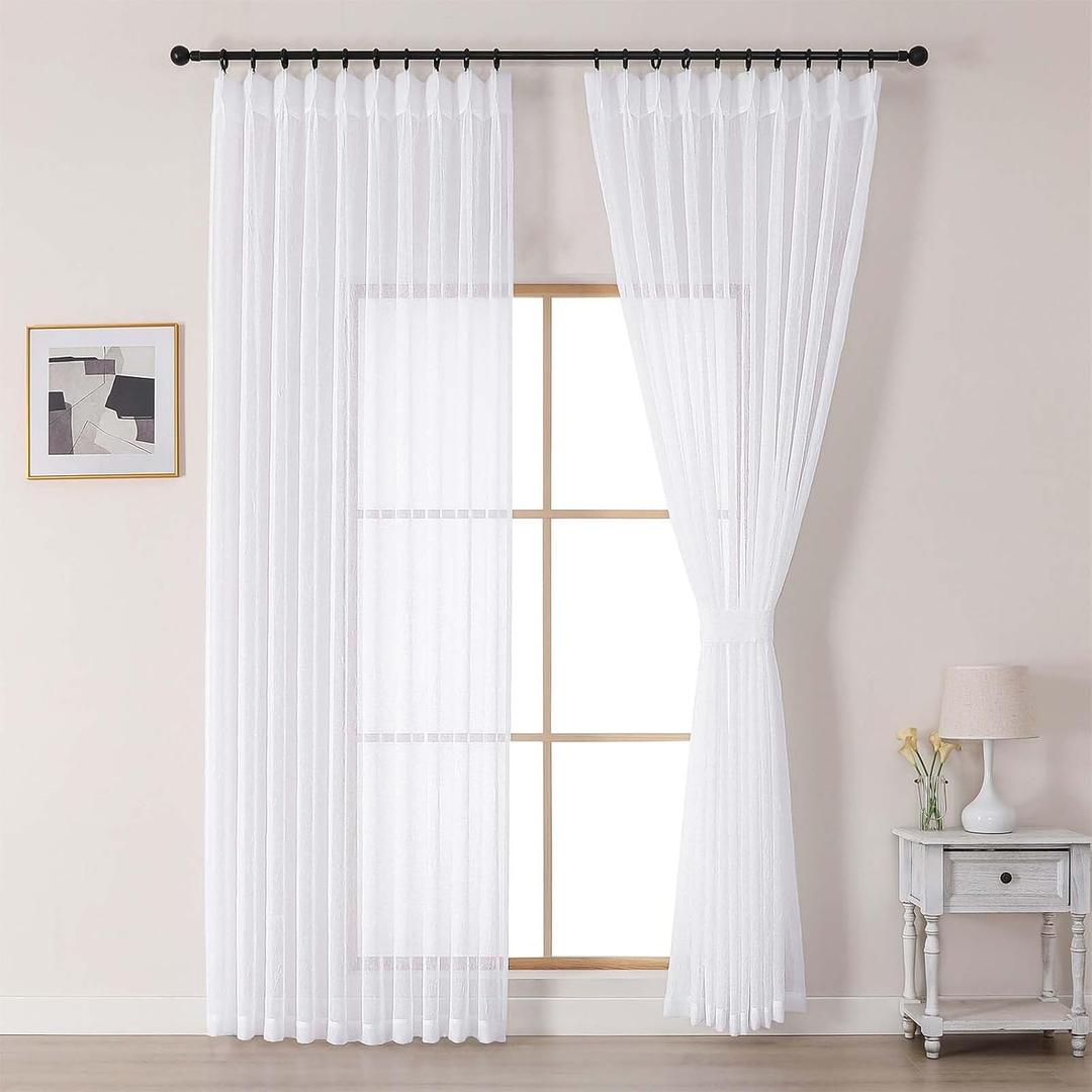 OVZME White Crushed Voile Extro Wide Sheer Curtains 90 Inches Long 2 Pieces, Textured Light Filtering Sheer Window Drapes, Farmhouse Pinch Pleated Curtains for Sliding Glass Door, 2x60Wx90L Inches