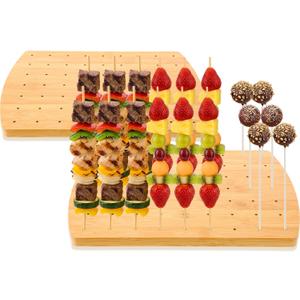 FoldTier 2 Pack Wooden Food Skewer Holder 63 Holes Bamboo Fruit Kabobs Cocktail Pick Stand Appetizer Curved Board Display Stand for Birthday Catering Supplies