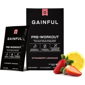 Gainful Pre Workout Powder with Natural Caffeine & L Theanine for Energy & Focus, L Citrulline & Beta Alanine for Endurance, BCAA's for Muscle Recovery, Vegan, Strawberry Lemonade, 10 Ct (3.2 Ounce (Pack of 1)), Exp Date: 04/2026