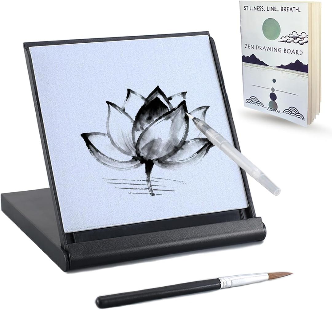 Mini Water Drawing Board with Drawing & Breathing Guide, Portable Travel Size Board for Drawing, Painting, Writing & Relaxation, Inkless Zen Meditation Board with 2 Water Brushes