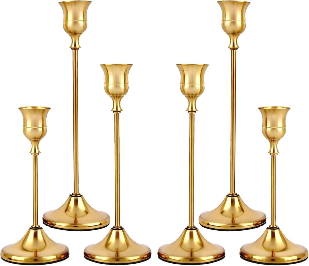 Set of 6 Gold Metal Taper Candlestick Holders Vintage Brass Home Decor for Dining Table Fireplace Mantel Wedding Christmas Thanksgiving Party Housewarming Gift with Exquisite Packaging