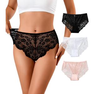 J-pone Sexy Womens Lace Underwear High Wasited Panties Breathable Floral Ladies Briefs, 3 Pack (3 Pack, Black,white,skin Color), XL