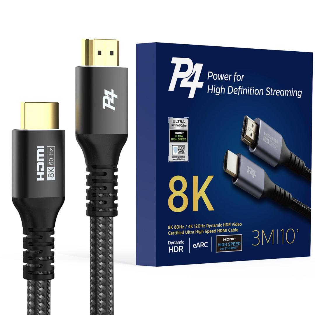 P4 Immerse Yourself in 8K Brilliance! 10FT Certified HDMI Cable 2.1 - Ultra High Speed, Braided, 8K@60Hz, 4K@120Hz, eARC, HDR10+, Atmos, HDCP 2.3, Apple TV, Roku, PS5, Xbox, Projector, Monitor