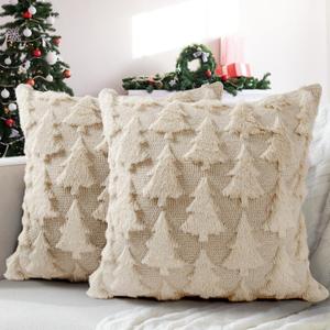 CASAJOY Christmas Pillow Covers 18x18 inch, Set of 2 Christmas Tree Decoration Soft Plush Faux Fur Throw Pillows Covers for Winter Holiday Festivals Bedroom Sofa Home Decor (Beige)