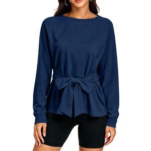 Women's Long Sleeves Shirt Tops Crew Neck Tie Knot Sweatshirt Tops Casual Fall Loose Fit Cropped Top Pullover (Blue, L)