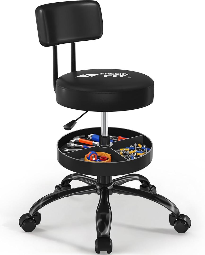 Rolling Shop Stool with Wheels, Garage Work Mechanic Stool, Black
Rolling Stool Chair with Back, for Work bench, for Workshop, Adjustable Height, Shop Chair with Tool Tray, 330 LBS,Heavy Duty
