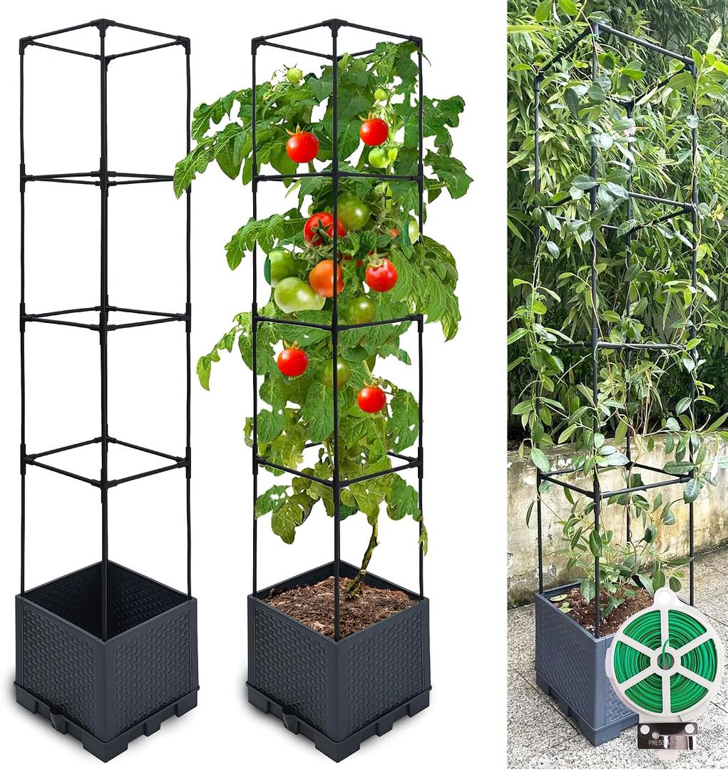Raised Garden Bed Planter Box, 2 Pack 56" Self-Watering Tomato Planter with Trellis for Climbing Vegetables Plants Grape Fruit Flowers,Use for Indoor Outdoor Garden Patio, 11x11x56in-2p