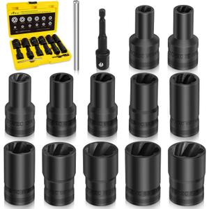 Topec 14PCS Lug Nut Removal Tool, 1/2" Drive Lug Nut Extractor Set, 10-25mm Stripped Lug Nut Remover Socket, Wheel Lock Removal Kit for Damaged, Rusted, Rounded Bolts, Tire Lug Nuts