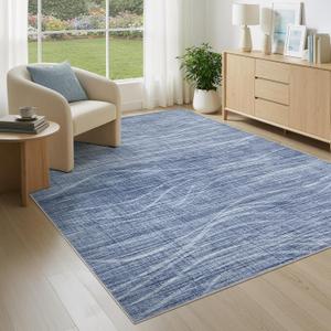 WITSHOCK 5x7 Area Rug for Living Room, Washable Rugs for Bedroom Kitchen Nursery Dining Room Office, Modern Wave Striped Rugs, Soft Thin Carpet Non Slip Low Pile for Home Decor, Blue